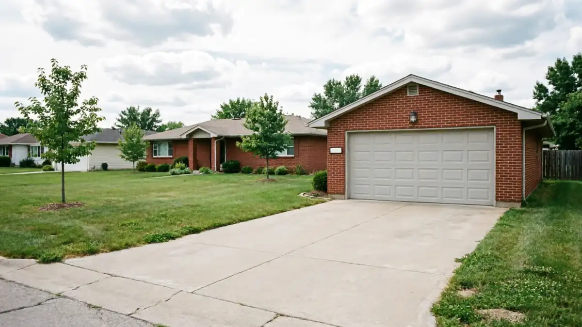 A light gray garage door is on a brick house with a green lawn.