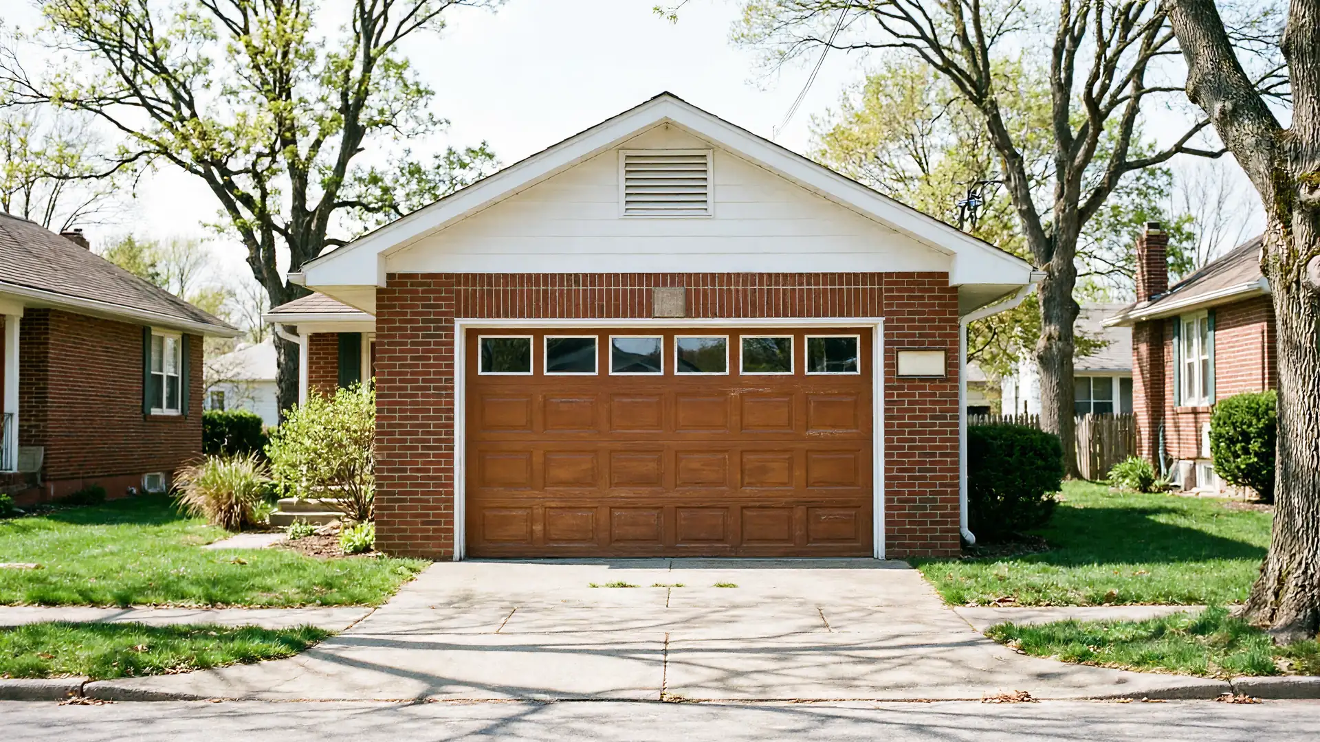 A brown garage door with windows is on a brick house with a white gable.