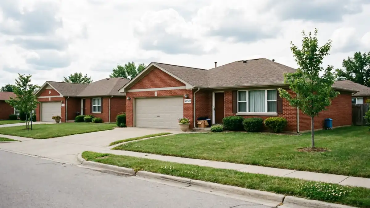Three brick houses with beige garage doors line a street on a cloudy day.