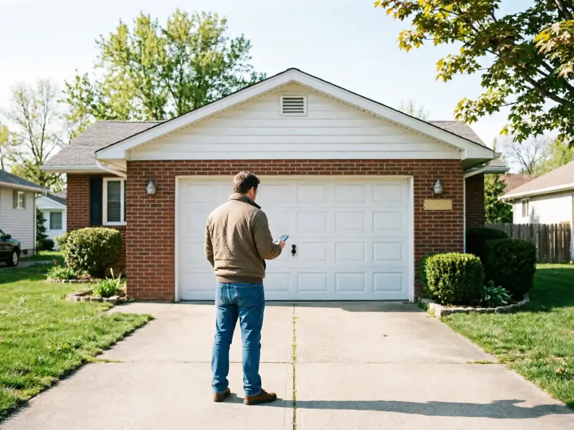 A man stands in a driveway looking at his phone in front of a white garage door.