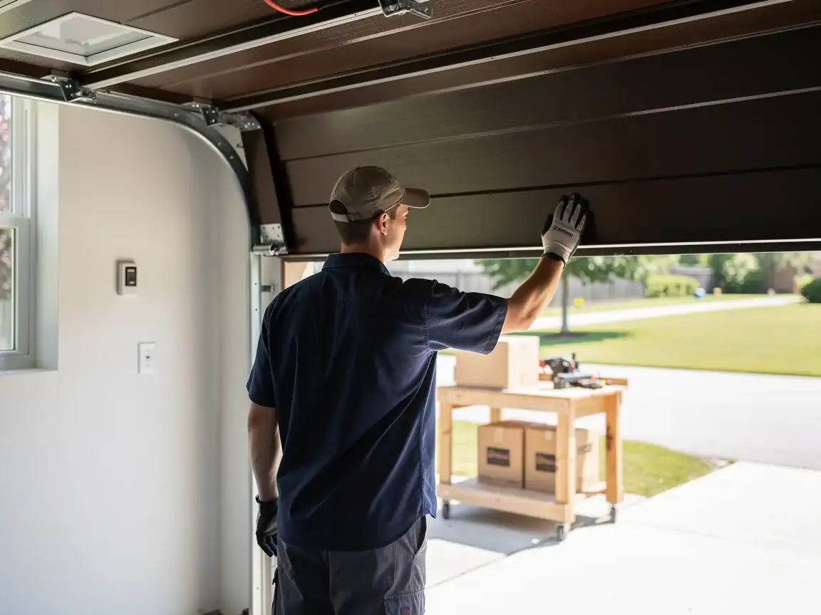 A technician in a cap and gloves adjusts a brown garage door.