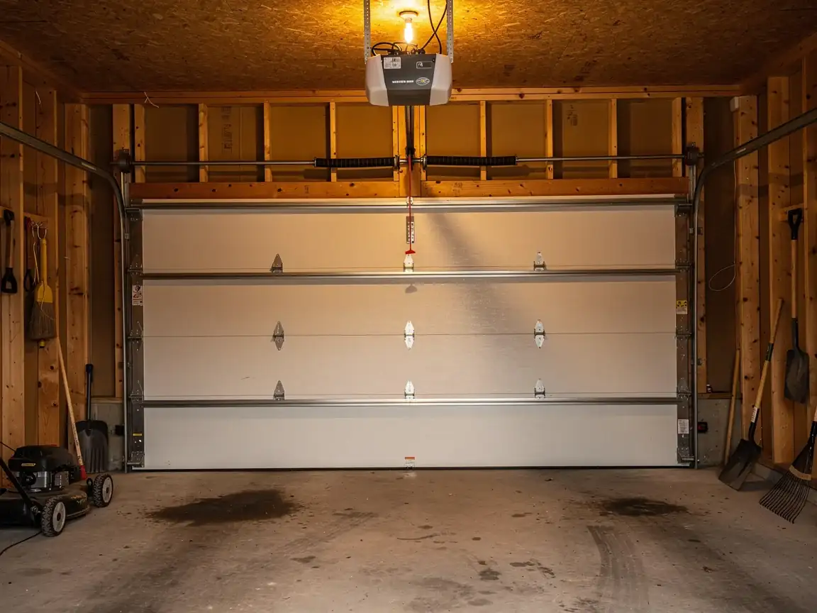 A white garage door is closed inside a garage with wooden walls.