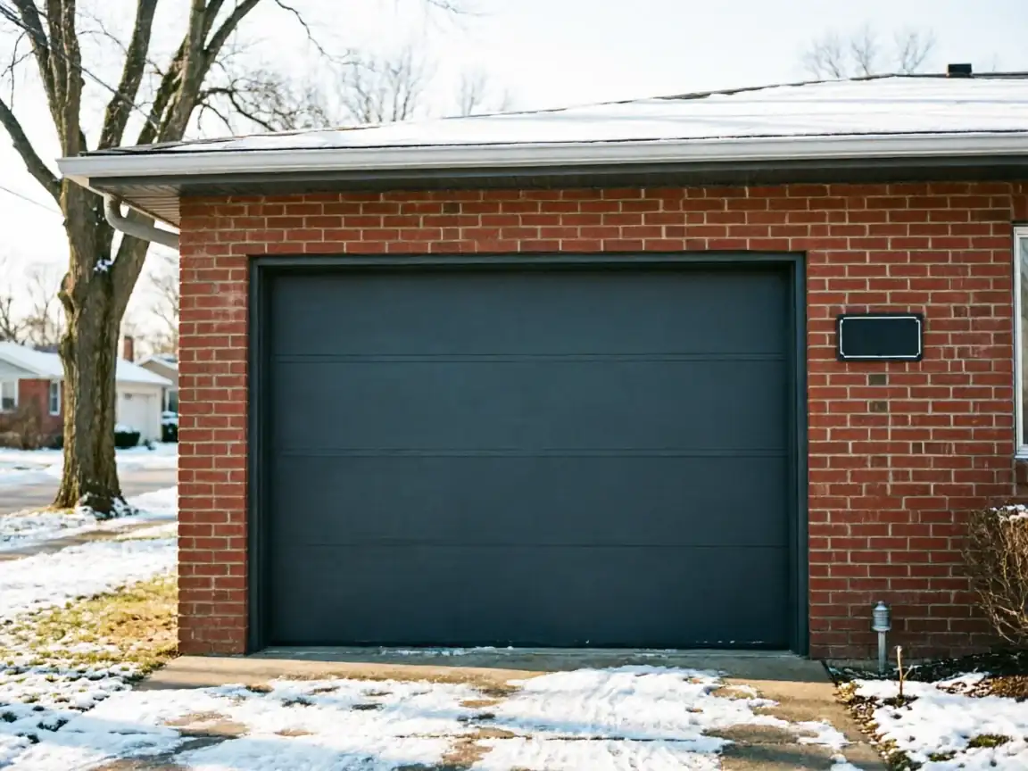 A dark gray garage door on a brick house with snow on the ground.