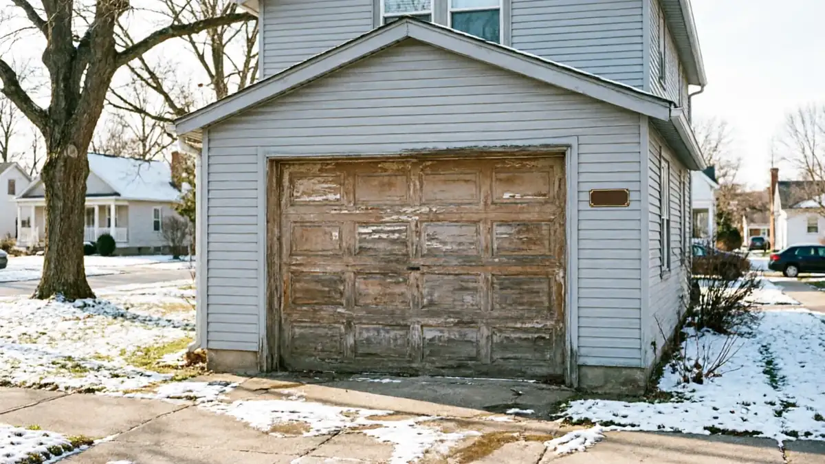 A weathered wooden garage door with peeling paint is on a light gray house.