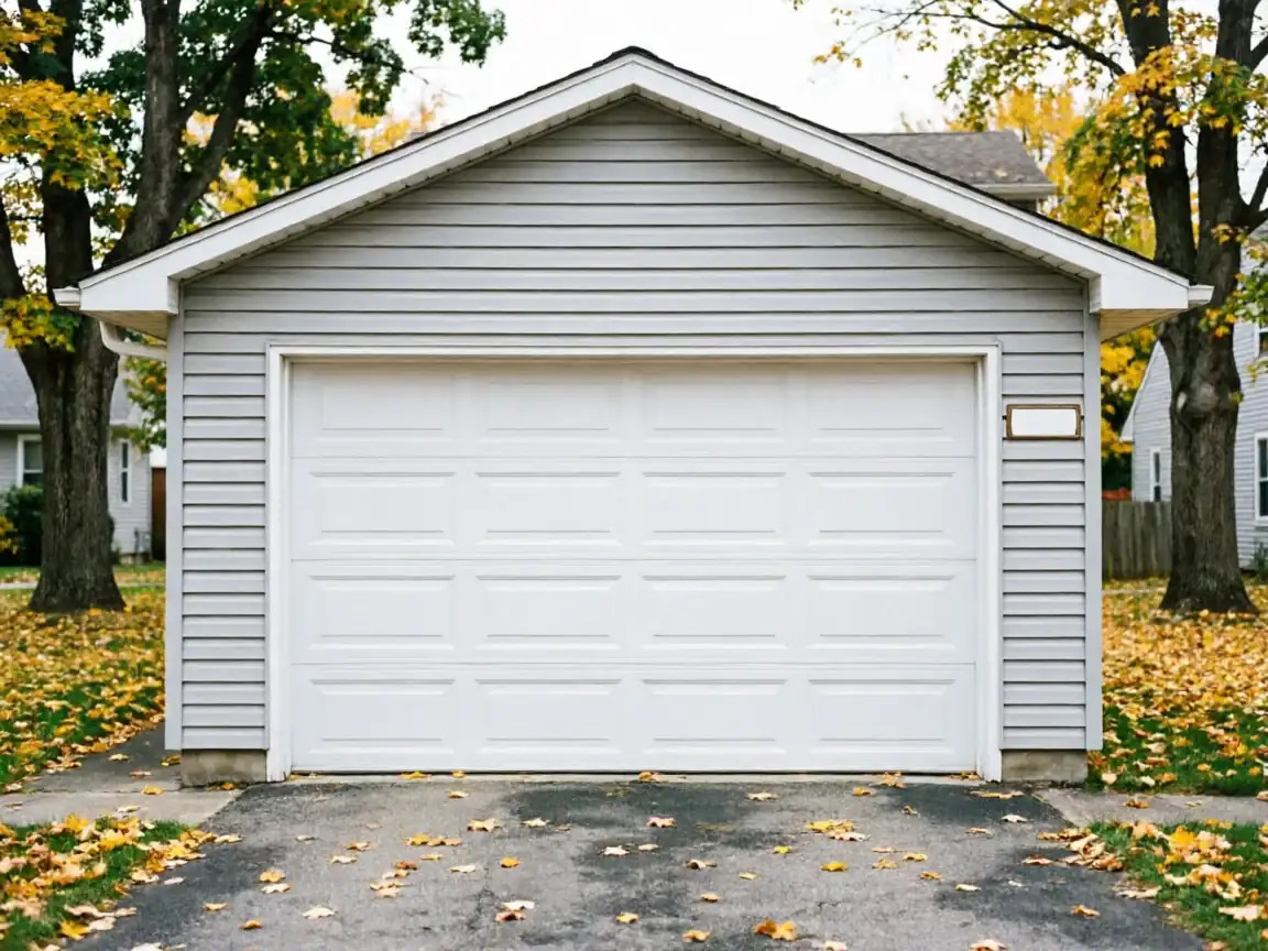 A white garage door is on a gray detached garage with autumn leaves on the ground.