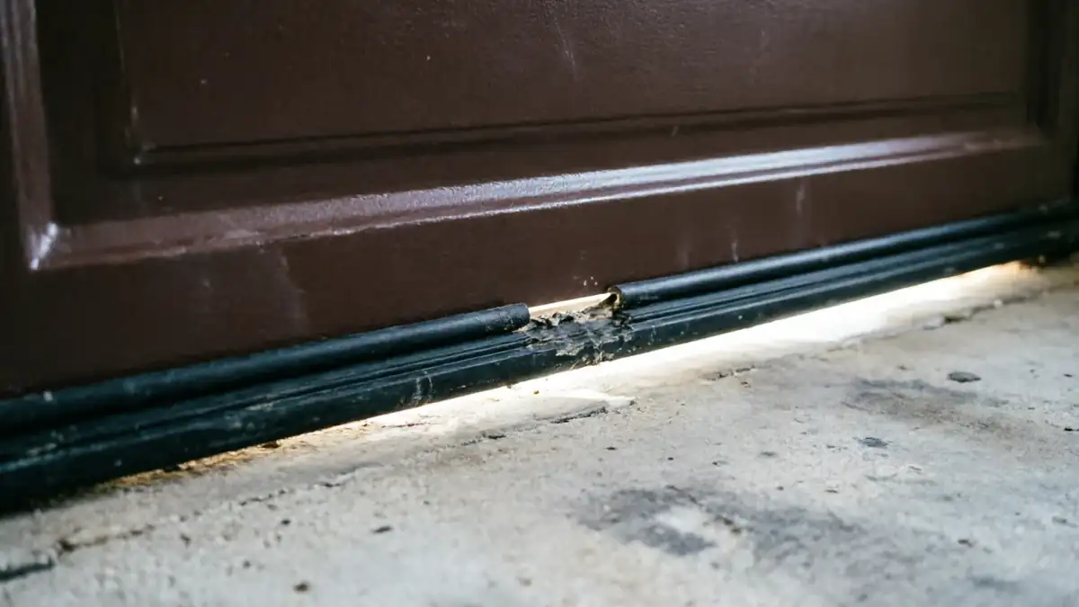 The bottom of a brown garage door has a damaged weather seal with light showing underneath.